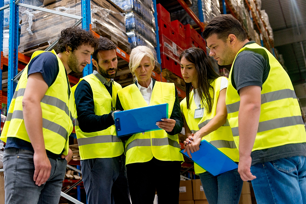 Warehouse group of workers looking at clipboard